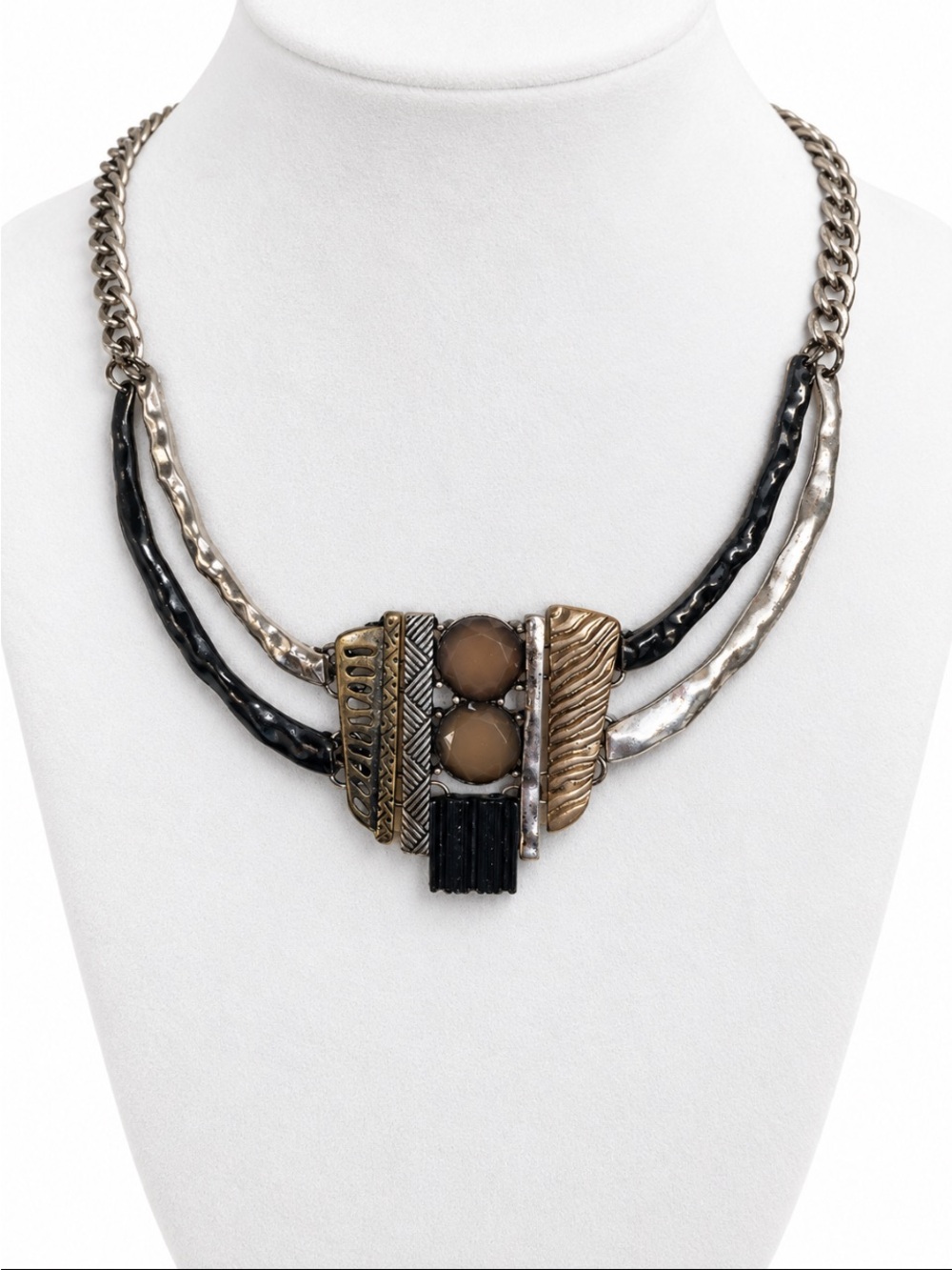 Modern Tribal Geometric Black & Silver Statement Necklace